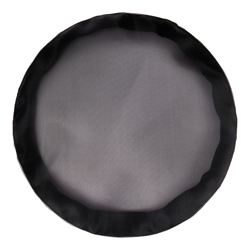 Round black mesh bug block with dark interior fabric and black border