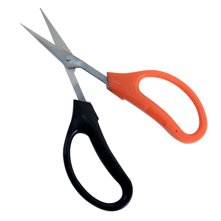 Garden snips with orange handle and black comfort grips, dual blade design