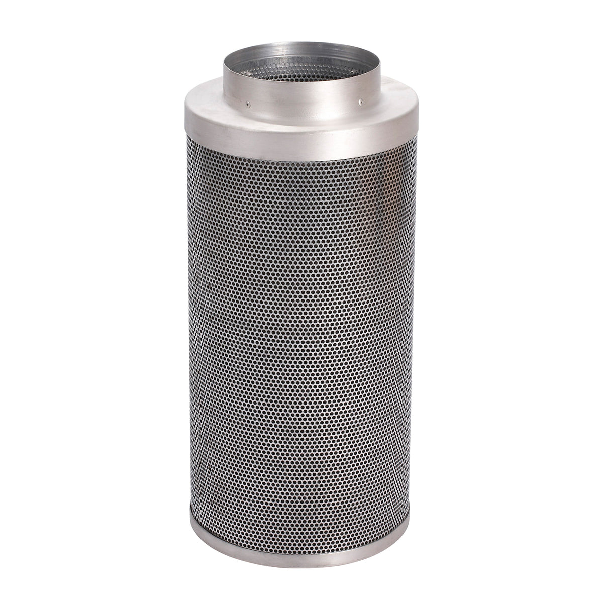 Upright stainless steel filter canister with dark mesh screen and silver top ring