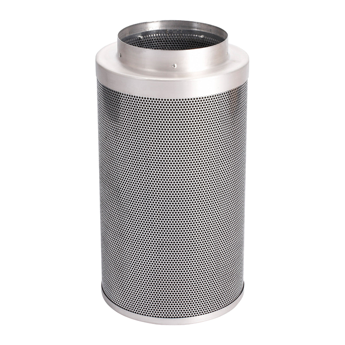 Cylinder mesh filter with open top and smooth silver cap secured with small fasteners