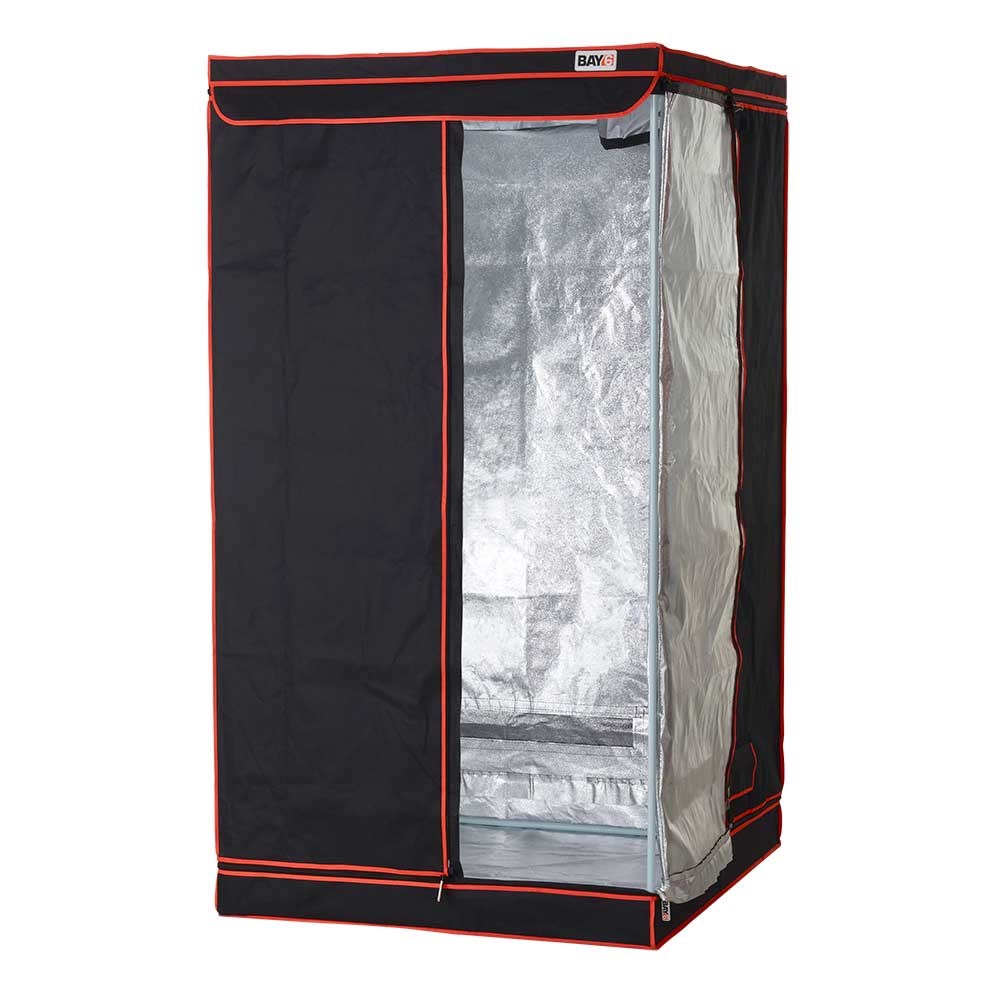 Grow tent with black outer cover and orange piping; front panel open to silver wall