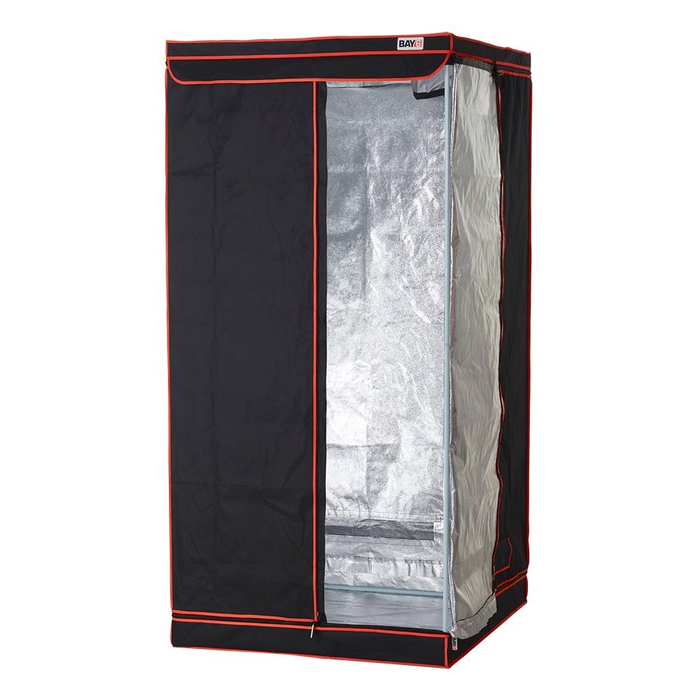 Grow tent with black outer cover and orange piping; silver inner lining visible through front
