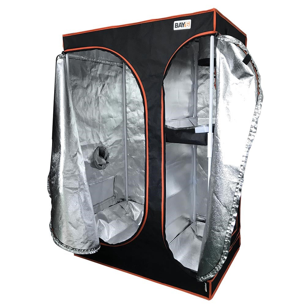 Grow tent open side entry with silver reflective walls, black base, and orange trim