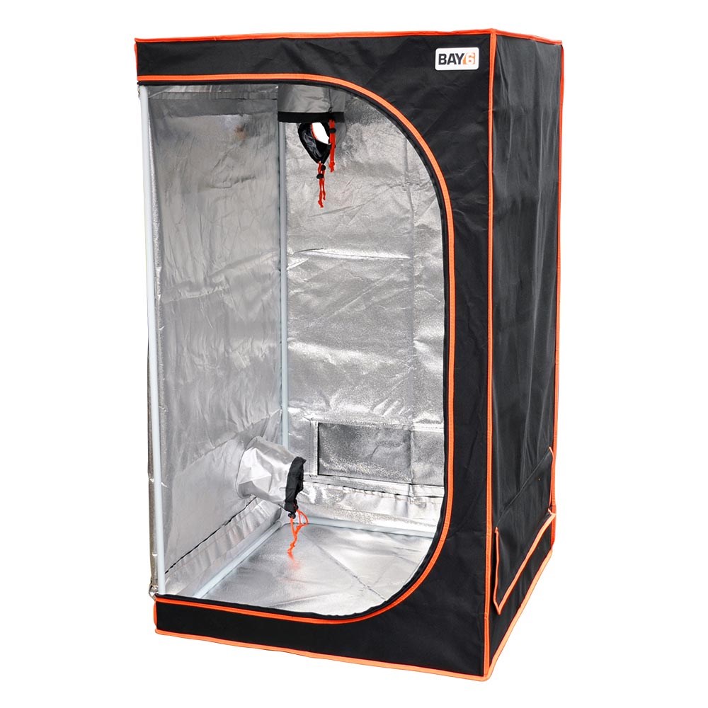 Grow tent side view with open door; silver interior walls and hanging hardware visible