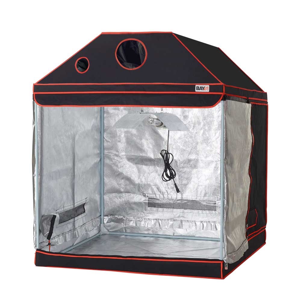 Grow tent top view with silver-lined interior, circular ports, and hanging cord