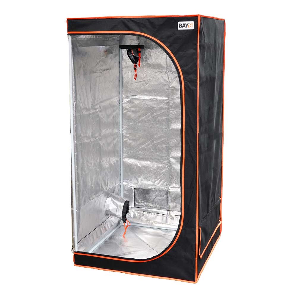 Grow tent interior view with silver lining and orange-trimmed frame; hanging cords