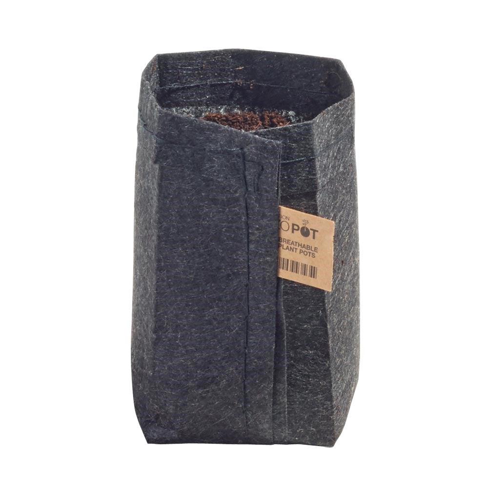 Dark gray breathable felt plant pot with open top and front seam