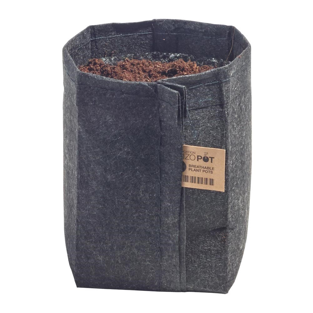 Dark gray breathable felt plant pot with open top and side label