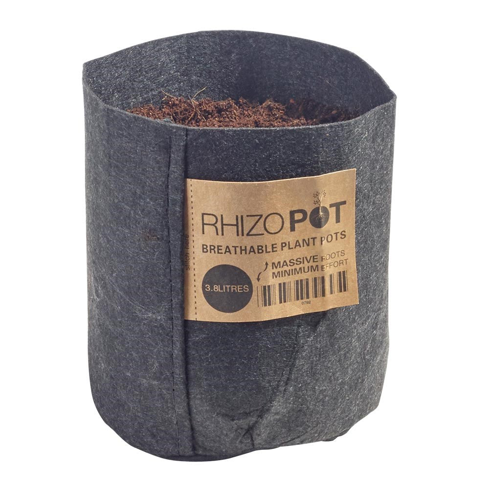 Dark gray breathable felt plant pot with round top opening and front label