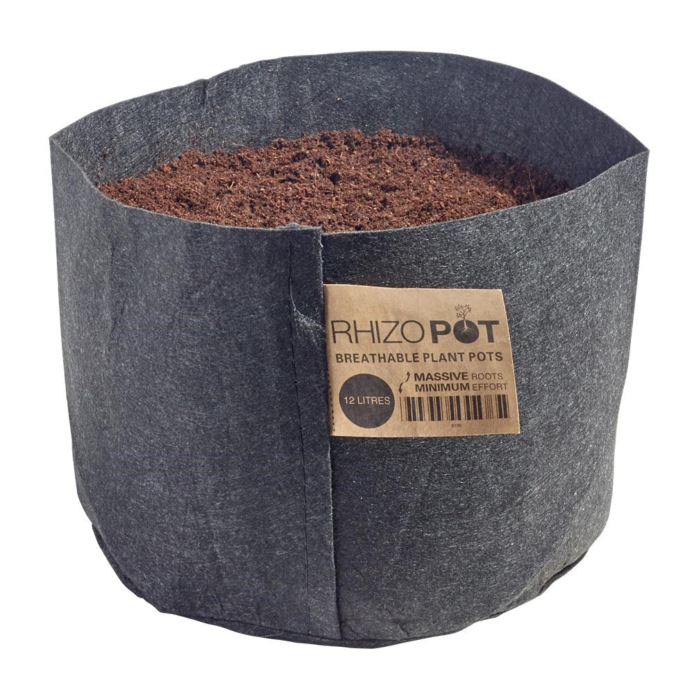 Dark gray breathable felt plant pot filled with soil, top opening, front label