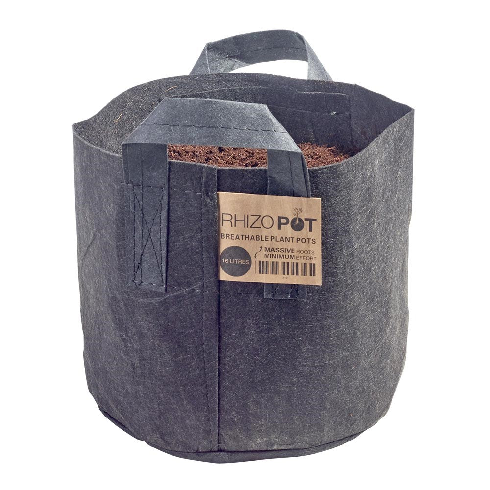 Dark gray nested breathable felt plant pot with carry handle and front label