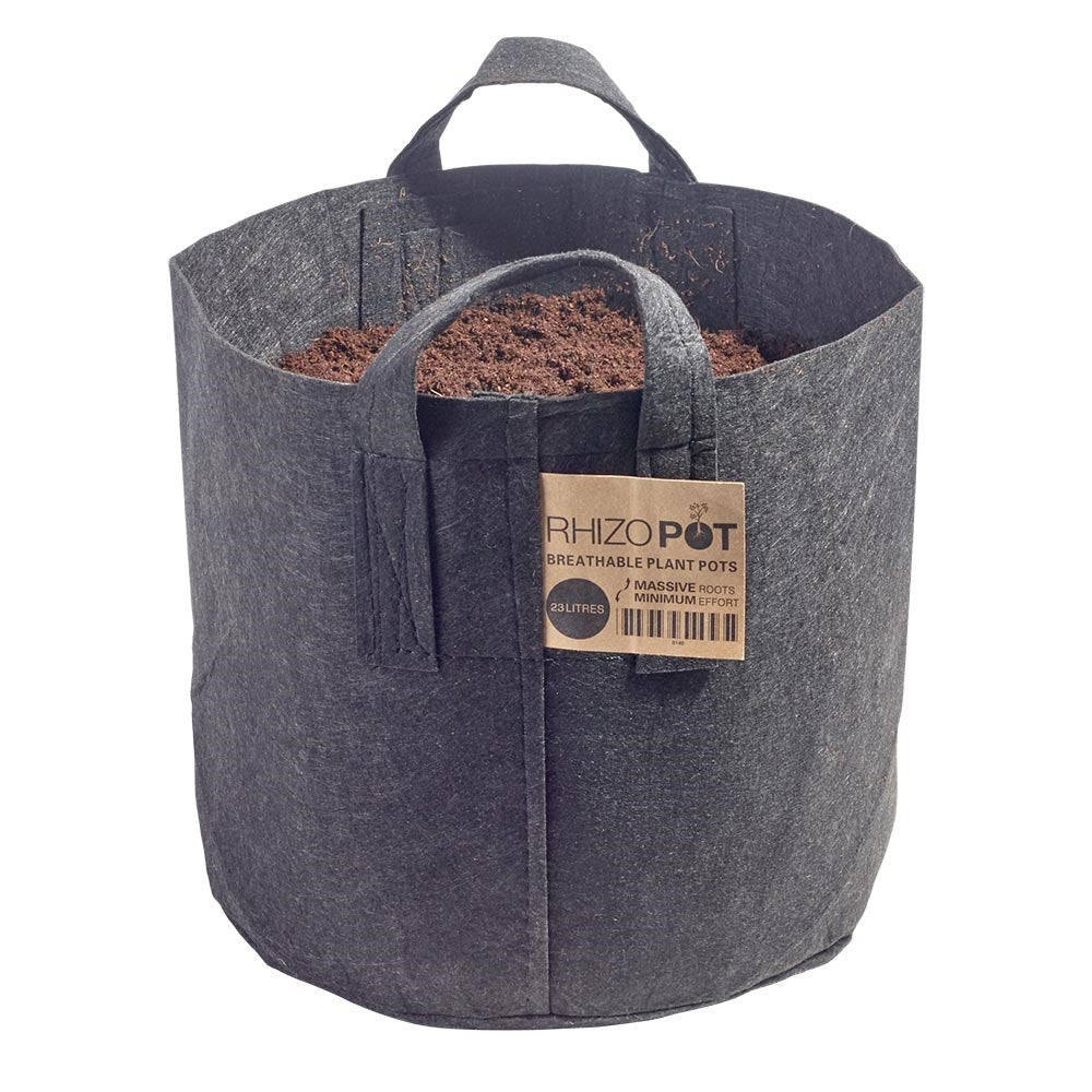 Dark gray breathable felt plant pot with loop handle, soil inside, front label