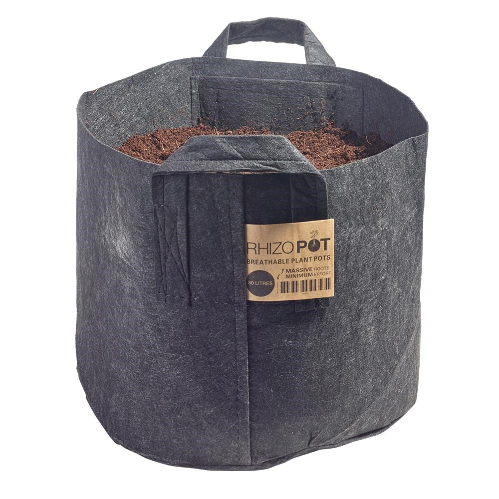 Dark gray breathable felt plant pot with carry handle and front label
