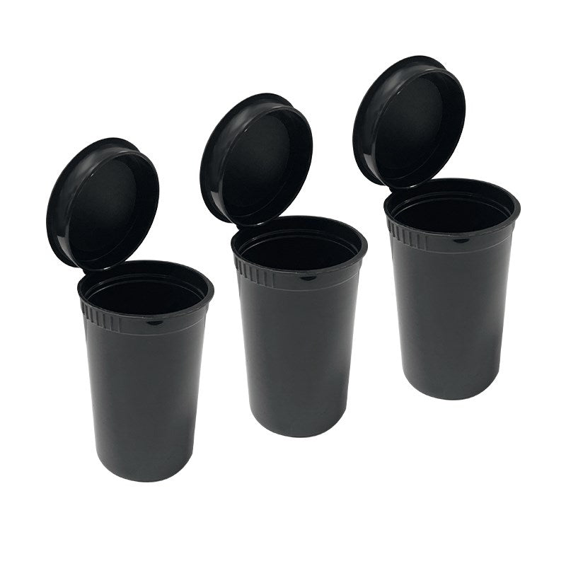 Plastic pop-top vial storage containers with hinged black lids, set of three
