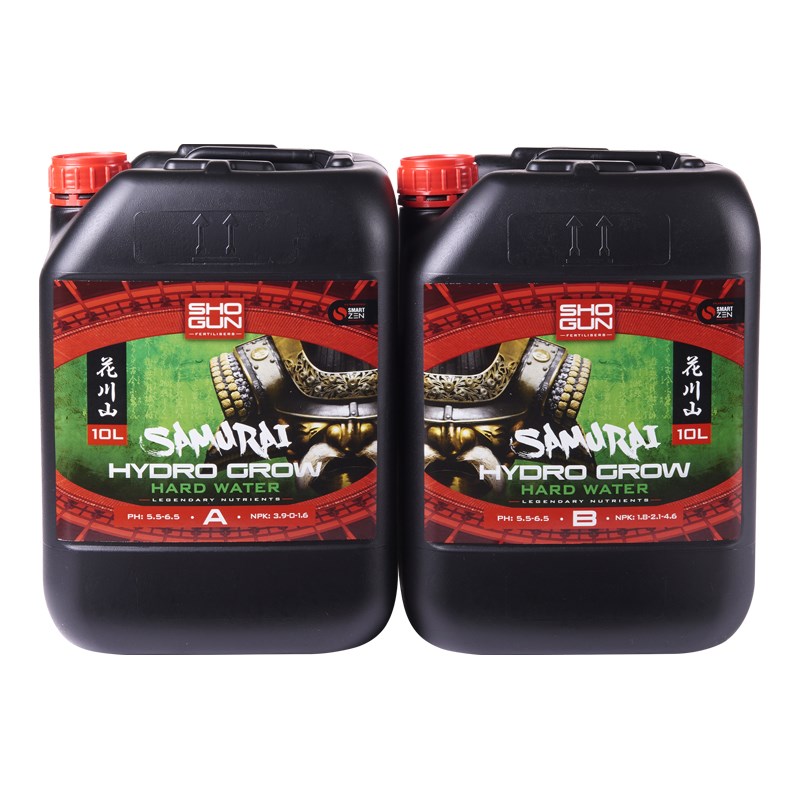 Black plastic nutrient bottles with red caps, Samurai Hydro Grow Hard Water A & B, 10L