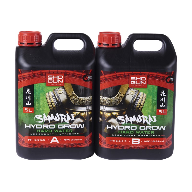 Black plastic nutrient bottles with red caps, Samurai Hydro Grow Hard Water A & B, 5L