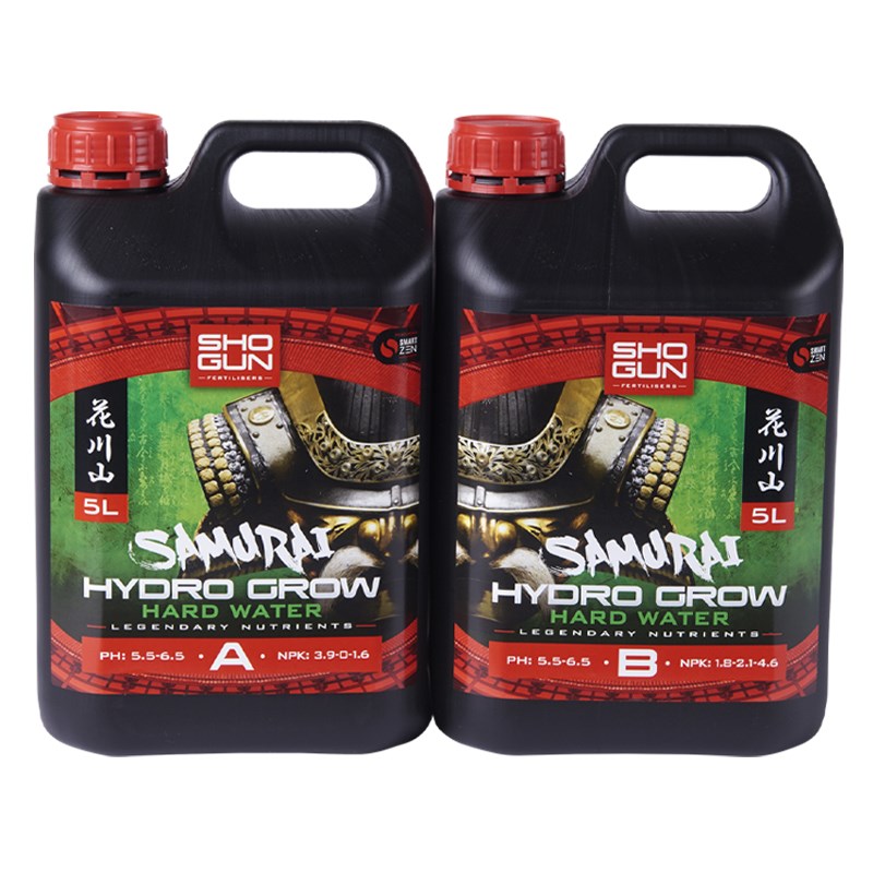 Black plastic nutrient bottles with red caps, Samurai Hydro Grow Hard Water A & B, 5L