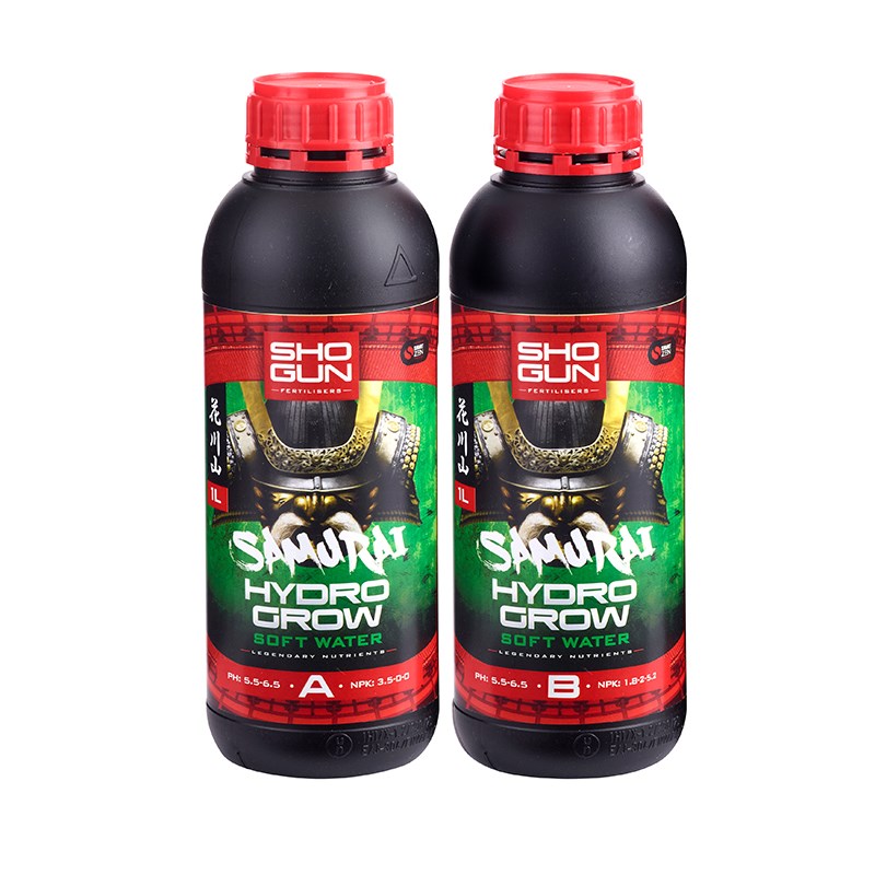 Black plastic nutrient bottles with red caps, Samurai Hydro Grow Soft Water A & B labels