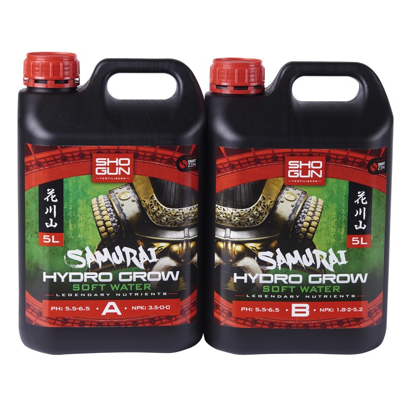 Black plastic nutrient bottles with red caps, Samurai Hydro Grow Hard Water A & B, 5L