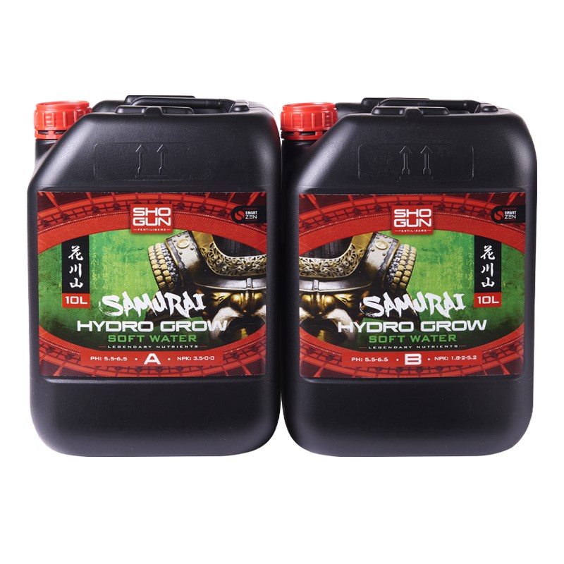 Black plastic nutrient bottles with red caps, Samurai Hydro Grow Soft Water A & B, 10L