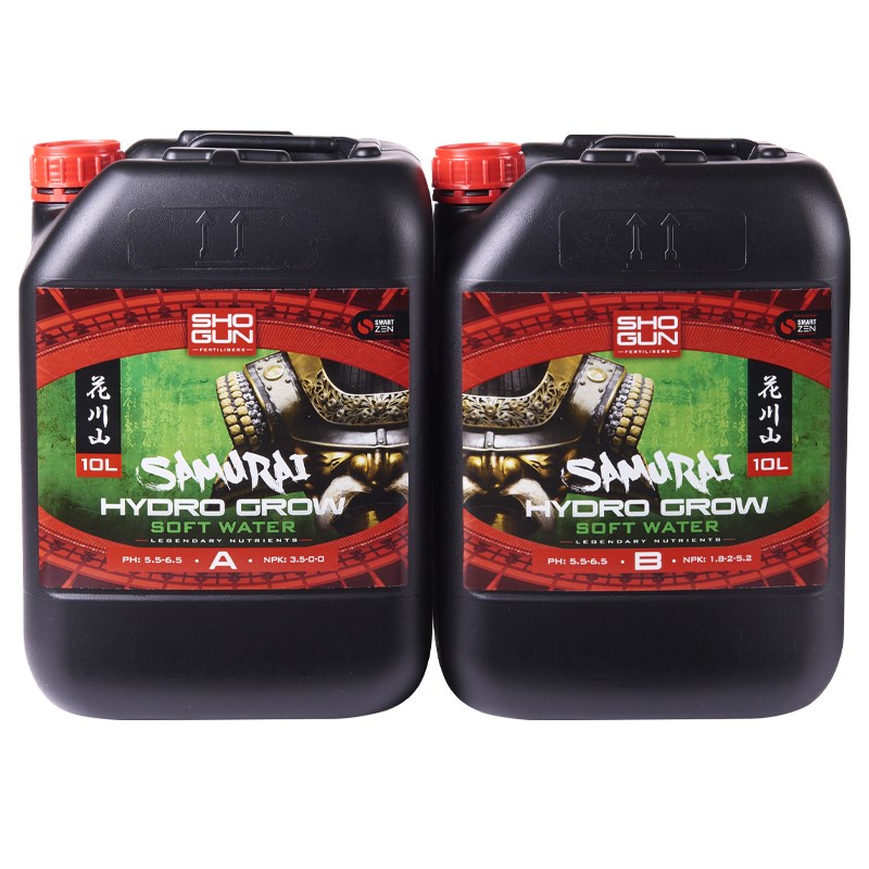 Black plastic nutrient bottles with red caps, Samurai Hydro Grow Soft Water A & B, 10L
