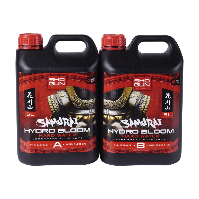 Two black 5L Samurai Hydro Bloom bottles with red caps and carry handles; A and B.