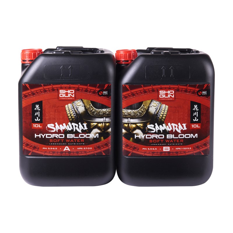 Two black 10L Samurai Hydro Bloom soft water jugs with red caps; A and B labels.