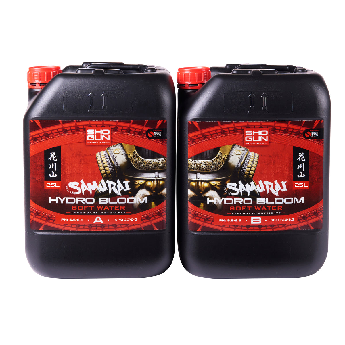 Two black 25L Samurai Hydro Bloom jugs with red caps and carry handles; A and B.