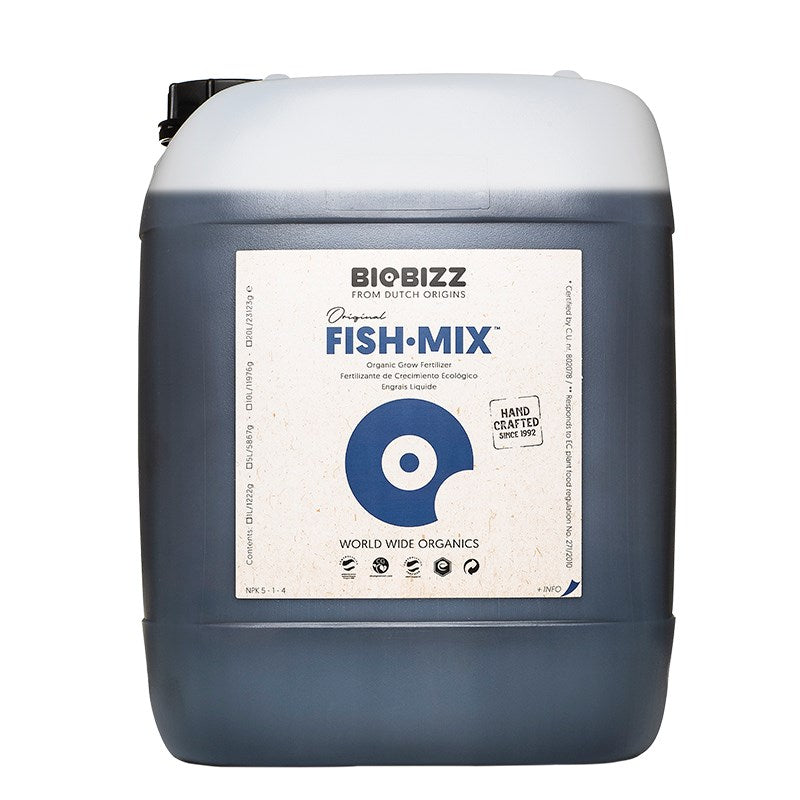 Biobizz Fish-Mix liquid fertilizer jug with rectangular beige label and dark base