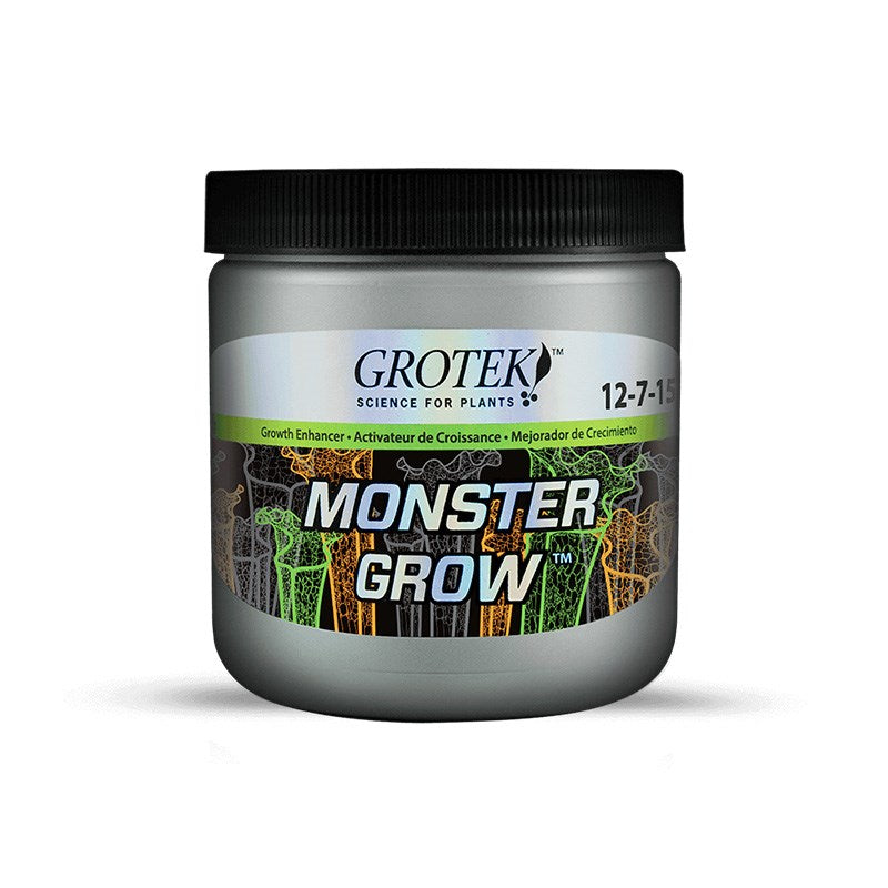 Grotek Monster Grow plant fertilizer jar with black ribbed lid, 12-7-1 label