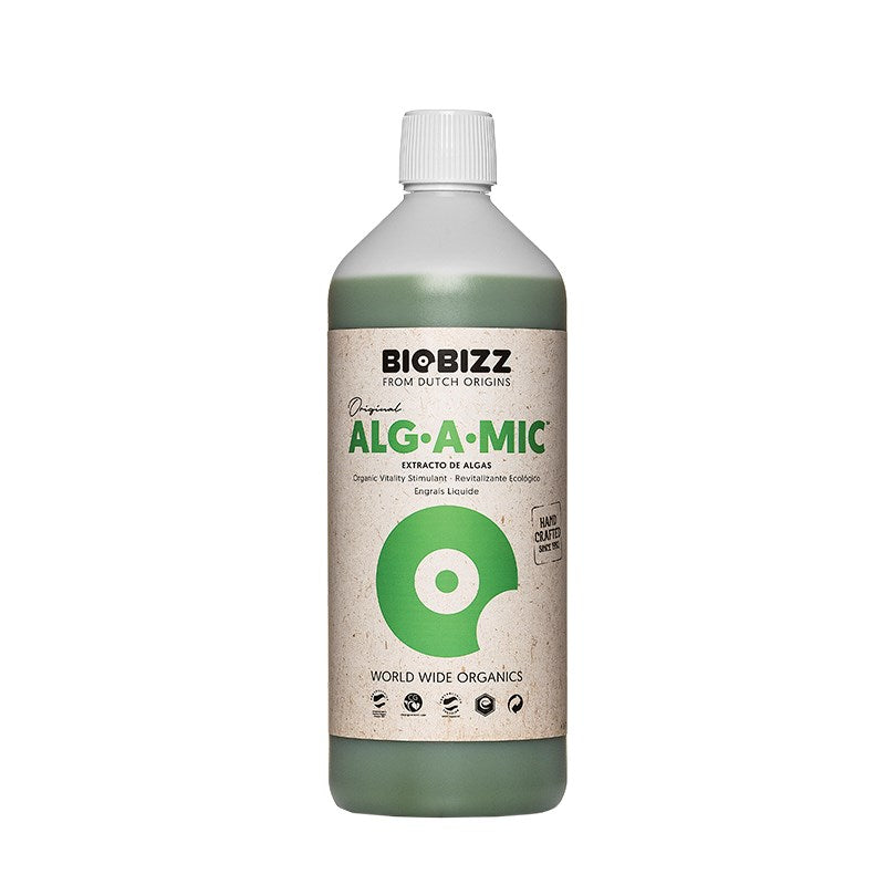 Biobizz Algamic algae liquid bottle with white cap, green liquid visible