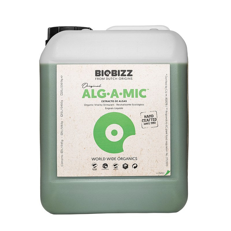 Biobizz Algamic algae liquid jerry can with white cap, front label panel