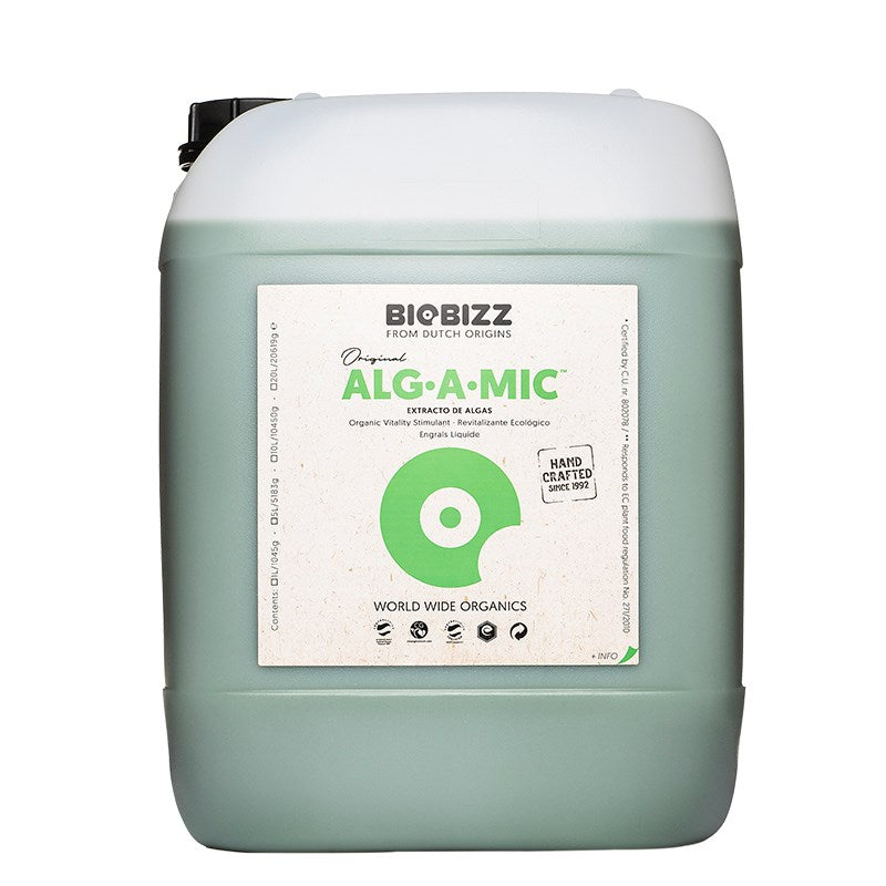 Biobizz Algamic algae liquid jerry can with white cap, back label panel