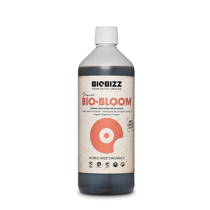 Biobizz liquid fertilizer bottle with white cap, beige label and orange Bio-Bloom logo