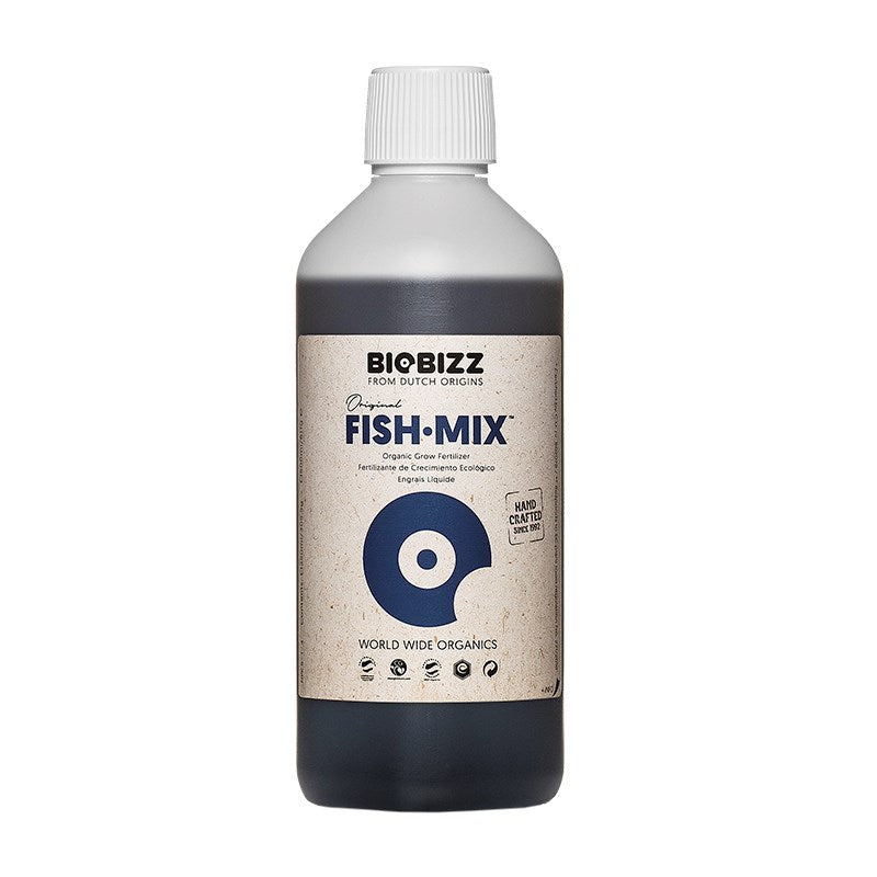 Biobizz Fish-Mix liquid fertilizer bottle with white cap and beige front label