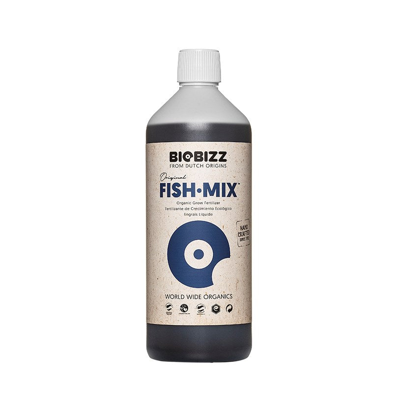 Biobizz Fish-Mix liquid fertilizer bottle, white cap and full front label visible