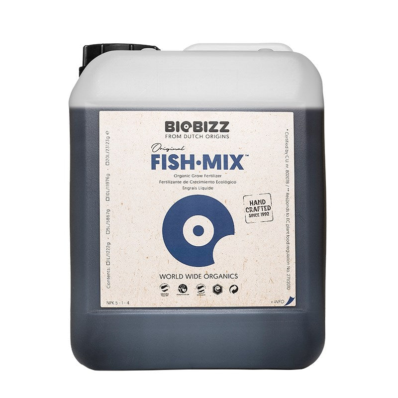 Biobizz Fish-Mix liquid fertilizer jug with handle and back label panel