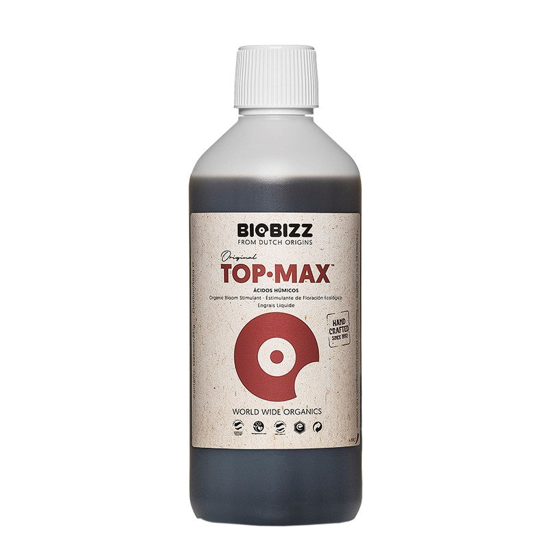 Biobizz Top-Max liquid bottle with white cap, beige label and dark blue base