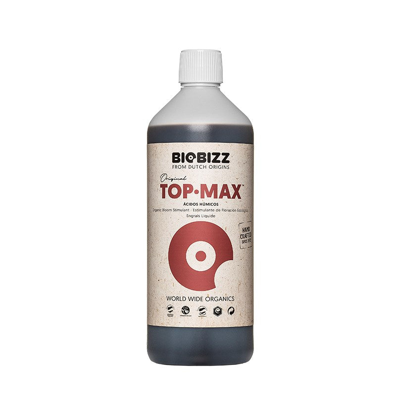 Biobizz Top-Max liquid bottle, beige label with red icon and dark blue base