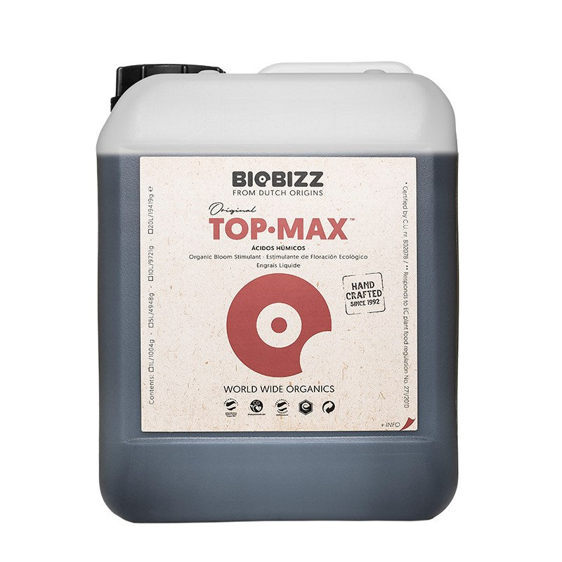 Biobizz Top-Max liquid nutrient jug with white cap, beige back label and dark blue base