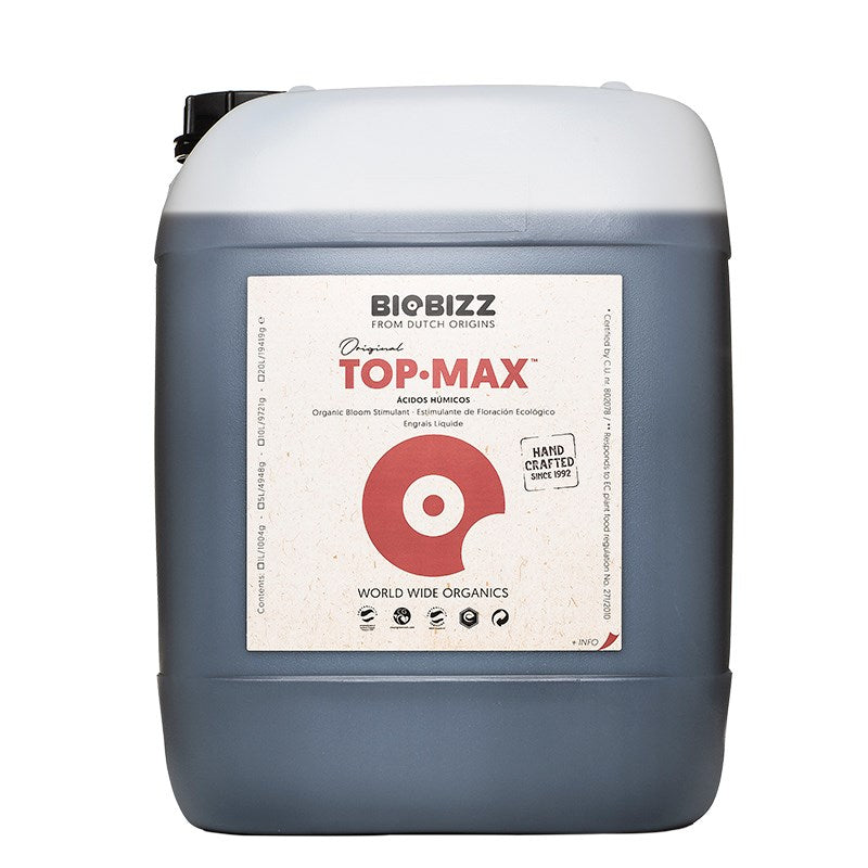 Biobizz Top-Max liquid nutrient jug, beige back label and dark blue bottom