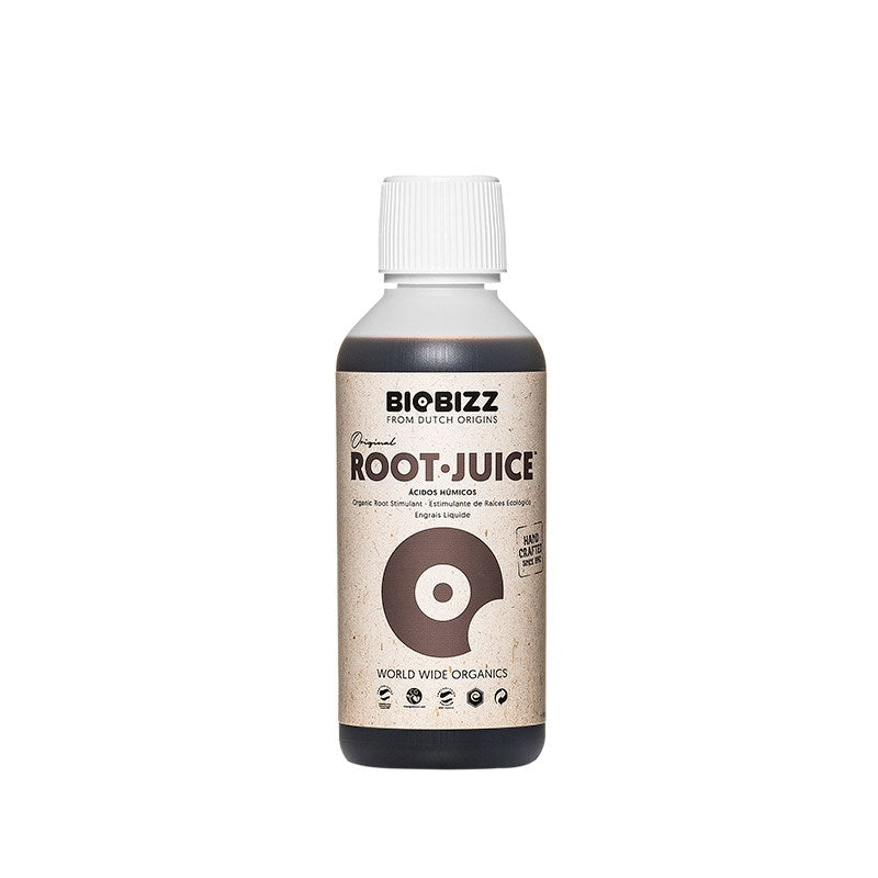 Biobizz Root-Juice liquid bottle, dark brown with white cap and front label