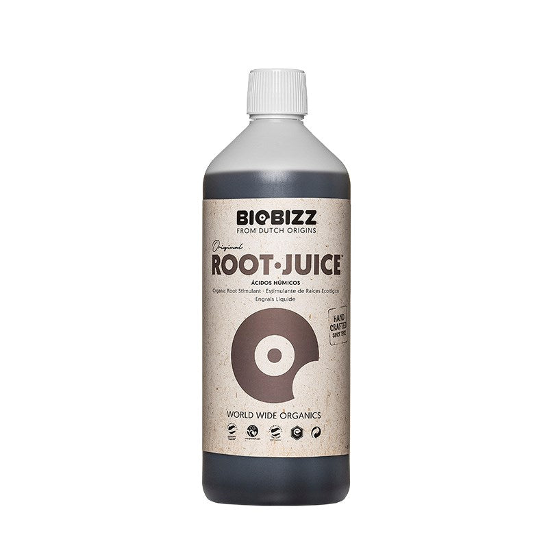 Biobizz Root-Juice liquid bottle with white cap, front label and dark base