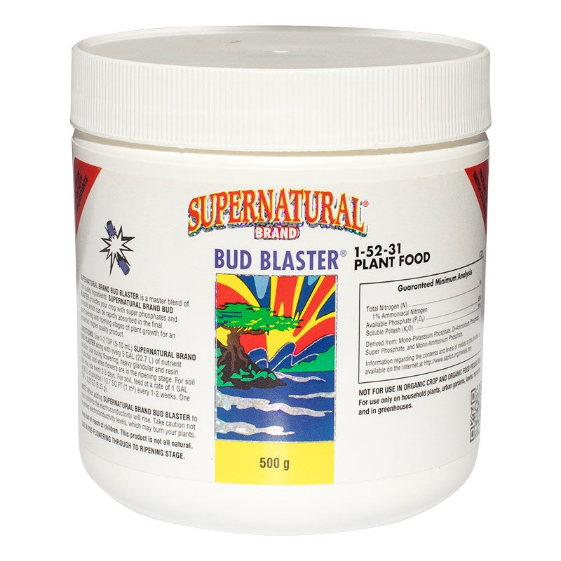 Bud Blaster plant food jar with white screw lid, front label and side label text, 500 g