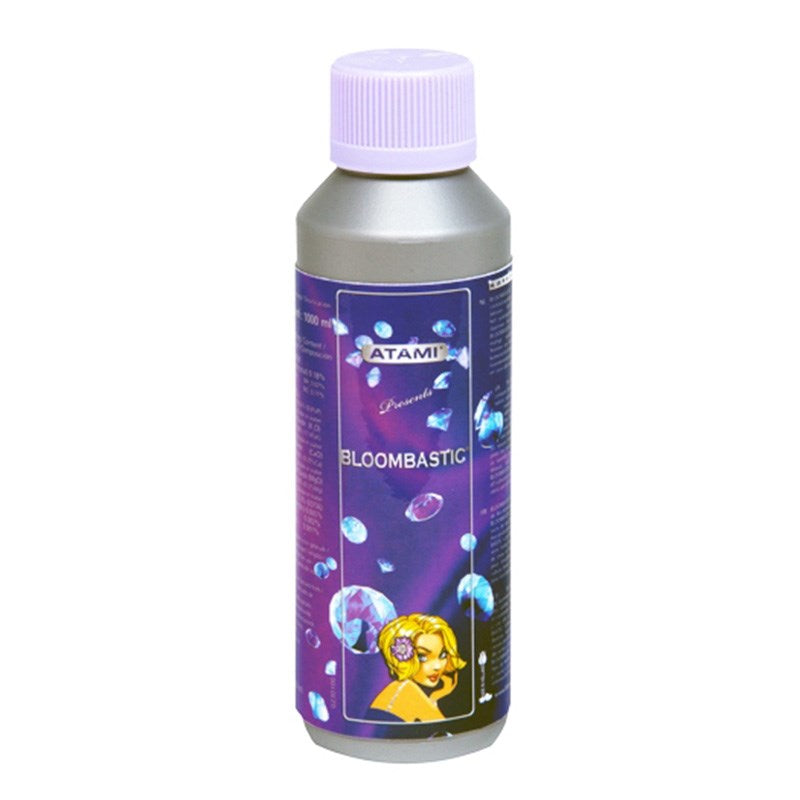 Atami Bloombastic bottle with purple cap and dark label front, silver container.