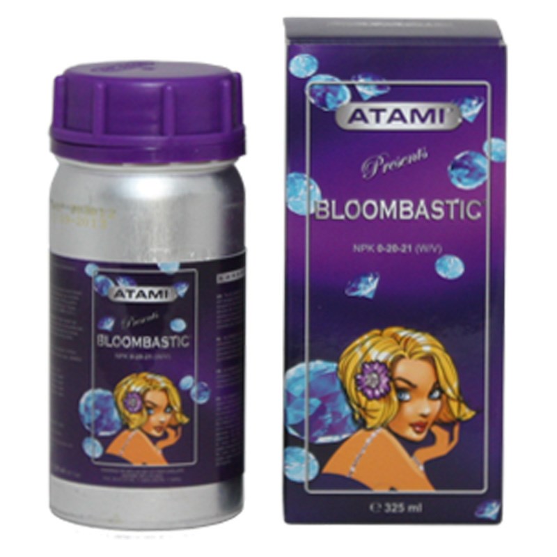 Atami Bloombastic bottle showing purple cap and front label; bottle and carton side-by-side.