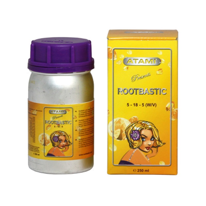 Rootbastic nutrient bottle with purple cap and yellow box, 250 ml