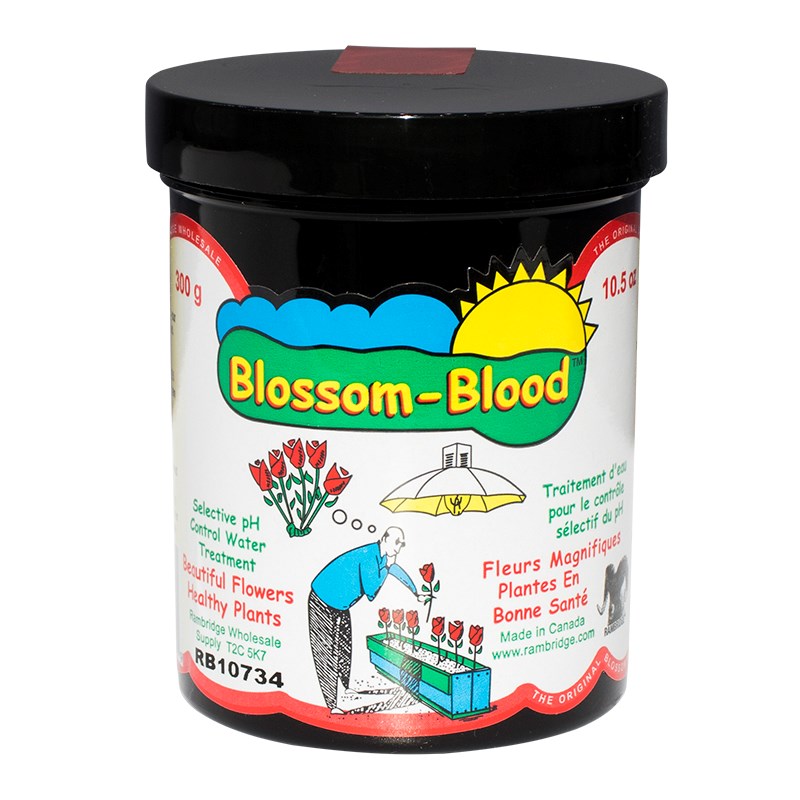 Plant water treatment jar with black lid, white label with colorful Blossom-Blood graphics