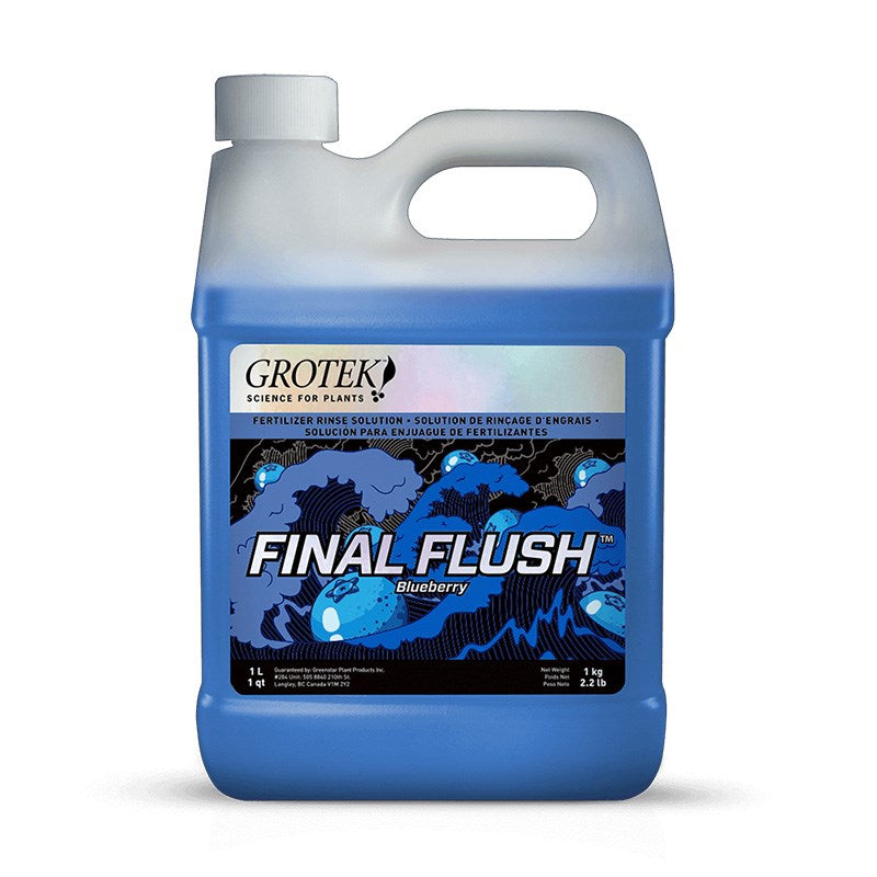 Grotek Final Flush liquid solution jug, blue with side handle and spout