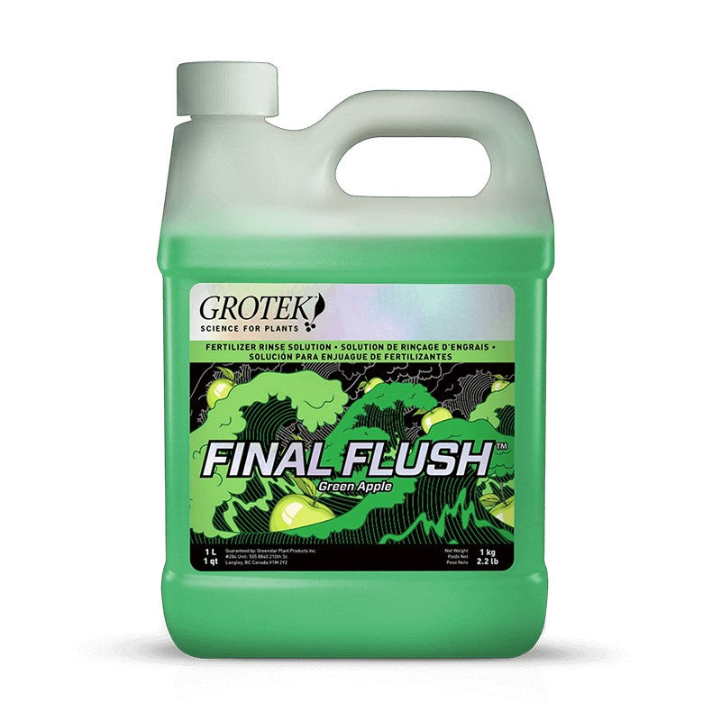 Grotek Final Flush liquid solution jug, green with side handle and spout
